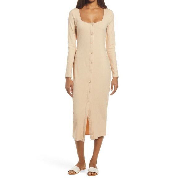 New Fourteenth Place Nude Button Long Sleeve Ribbed Midi Fitted Dress Medium - Picture 1 of 6